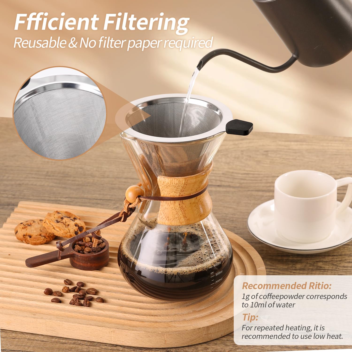 Decantador de vidrio borosilicato de 600 ml mantiene temperatura constante.