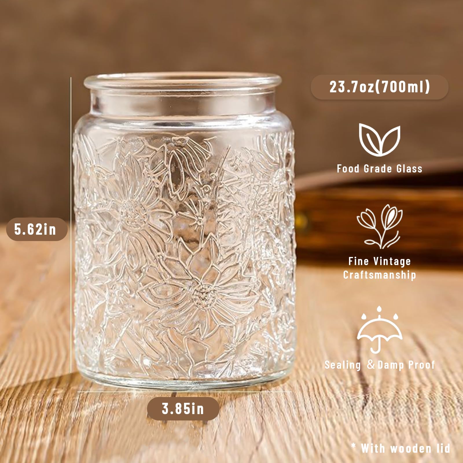 Yoqelt frascos de vidrio transparentes con tapa de madera para café y té.
