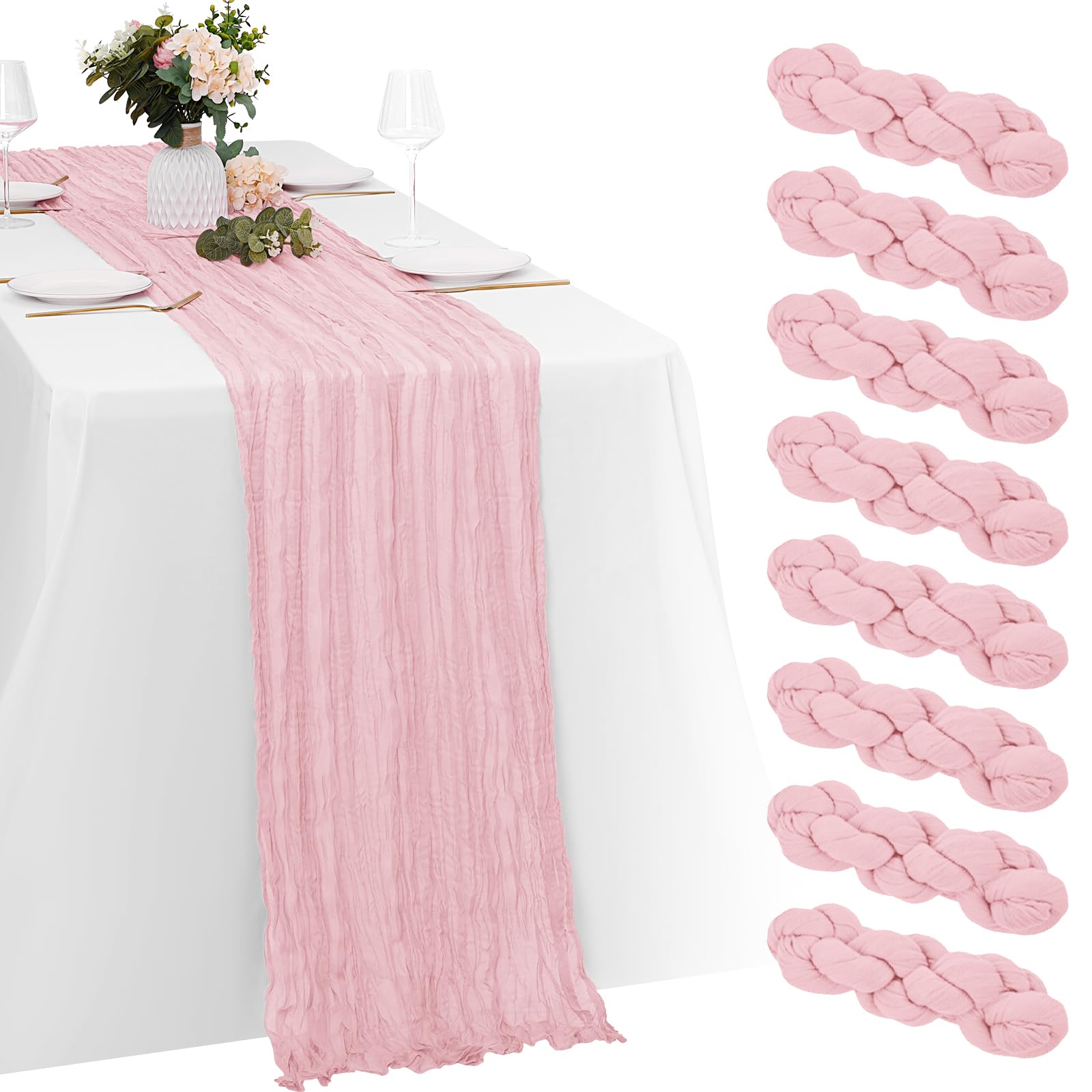 Camino de mesa gasa rosa claro 20x120 de Yorcari, ideal para bodas y cenas elegantes.