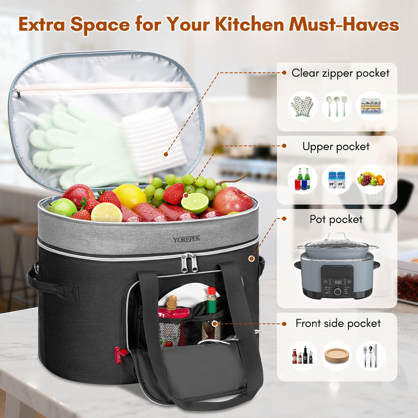 Espacio para accesorios de Ninja Crockpot en la bolsa YOREPEK