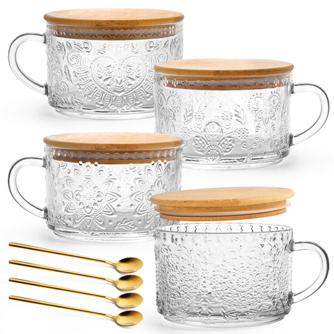 Vasos YORY de vidrio vintage con tapa de bambú y cucharas para bebidas y desayunos.