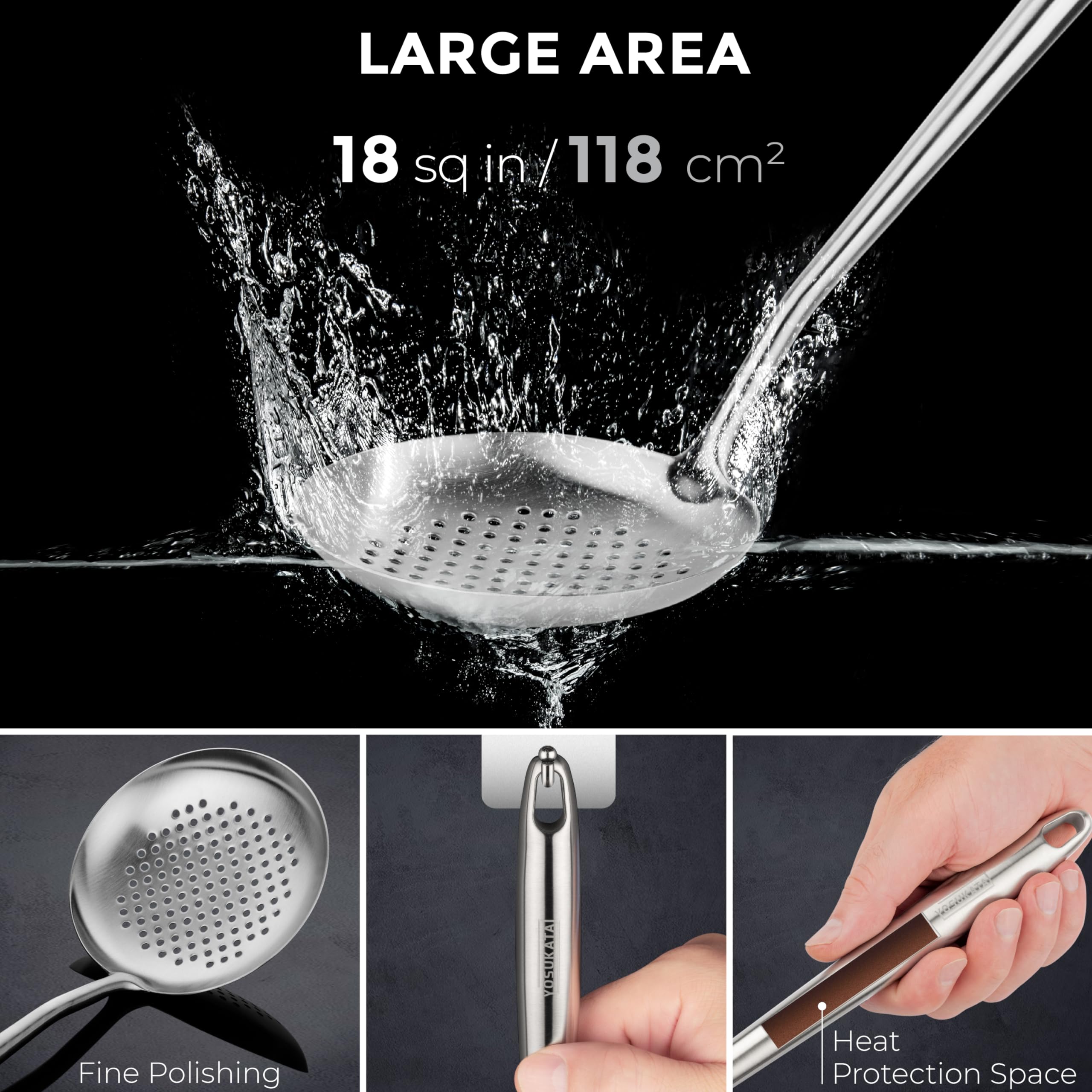 Mango ergonómico YOSUKATA con hueco para colgar, almacenamiento práctico.