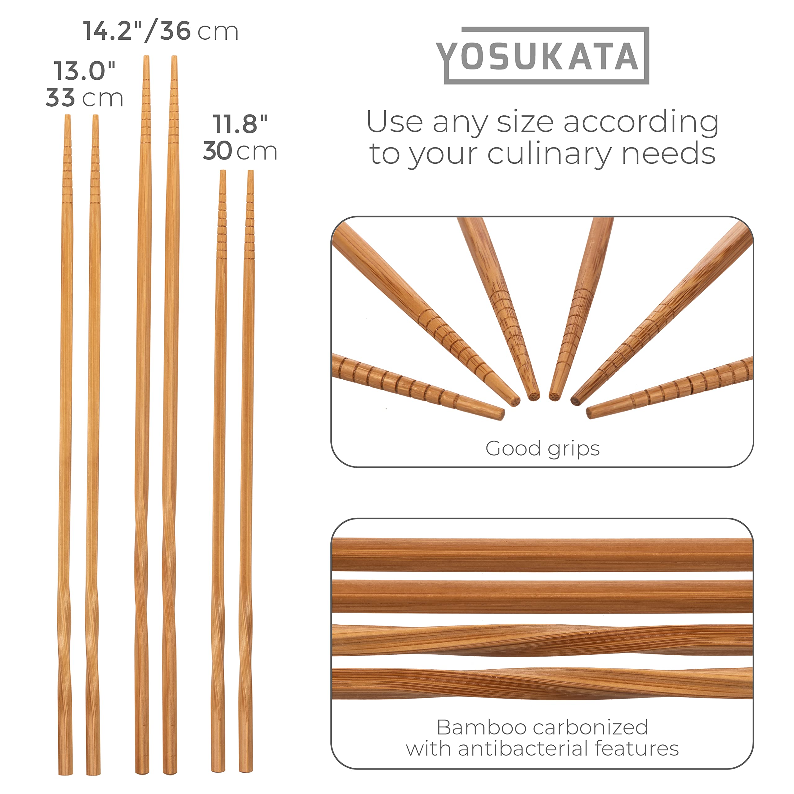 YOSUKATA Palillos de madera Wok, tres pares para freír y manipular ingredientes con facilidad.