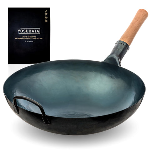 Wok de carbono YOSUKATA de 14 pulgadas con base redonda azul para saltear