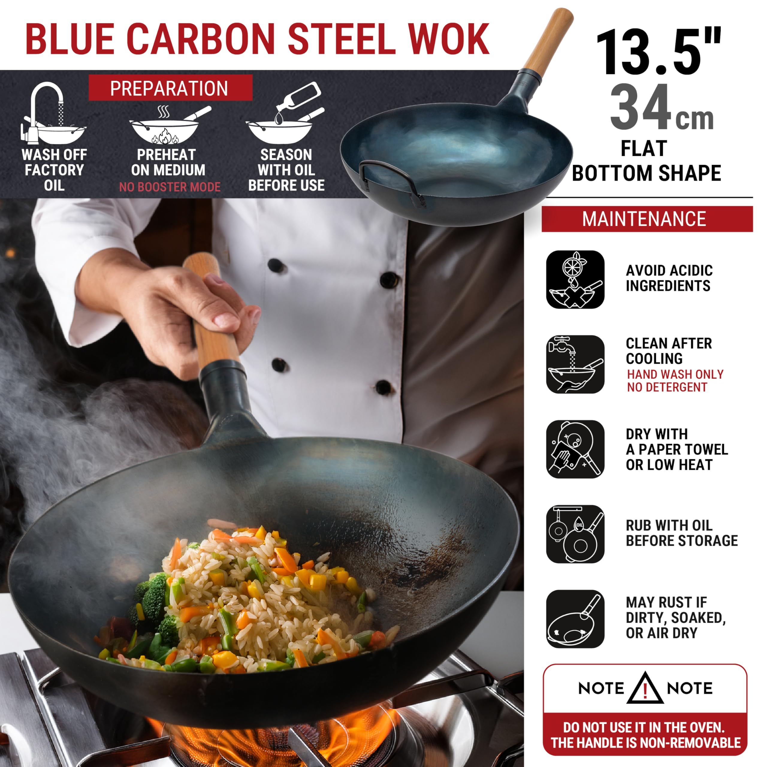 Wok con mango de madera ergonómico para manejo cómodo