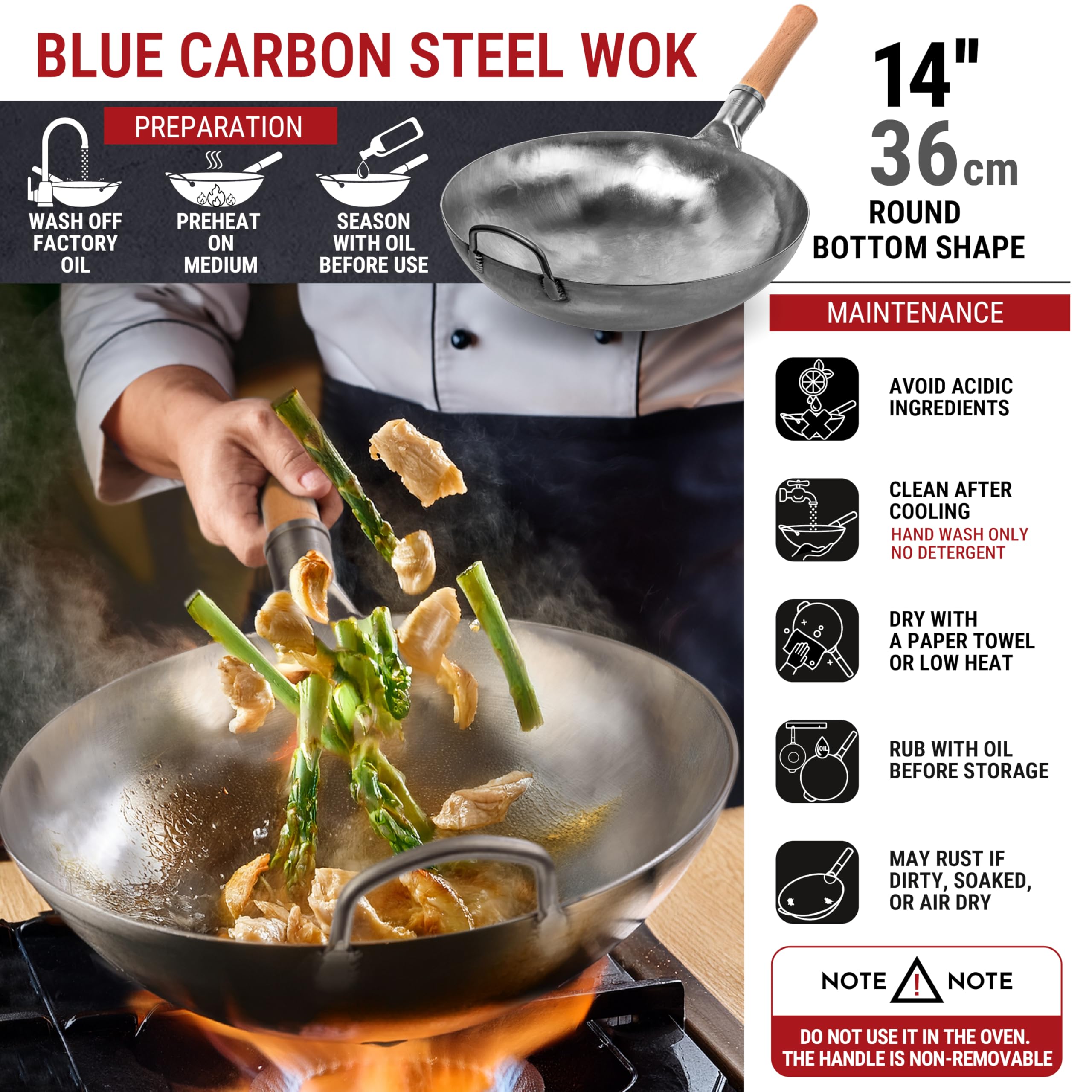 Wok YOSUKATA con mango de madera ofrece agarre cómodo durante la fritura.