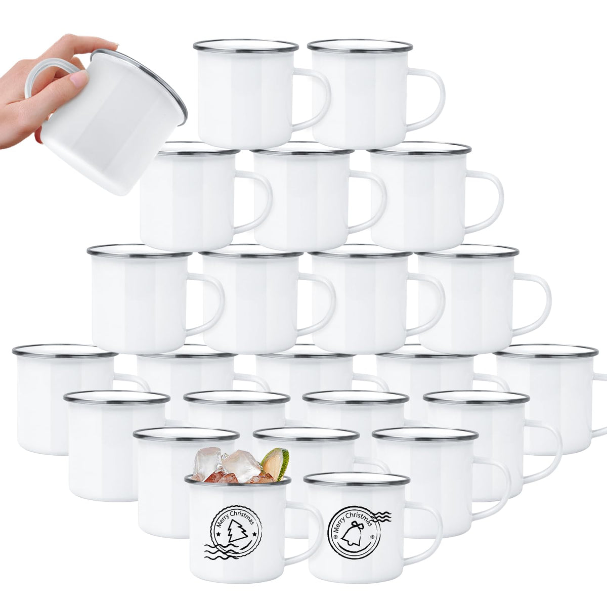 YOUKE OLA Taza enamel 12oz, frente blanco, ideal para camping.