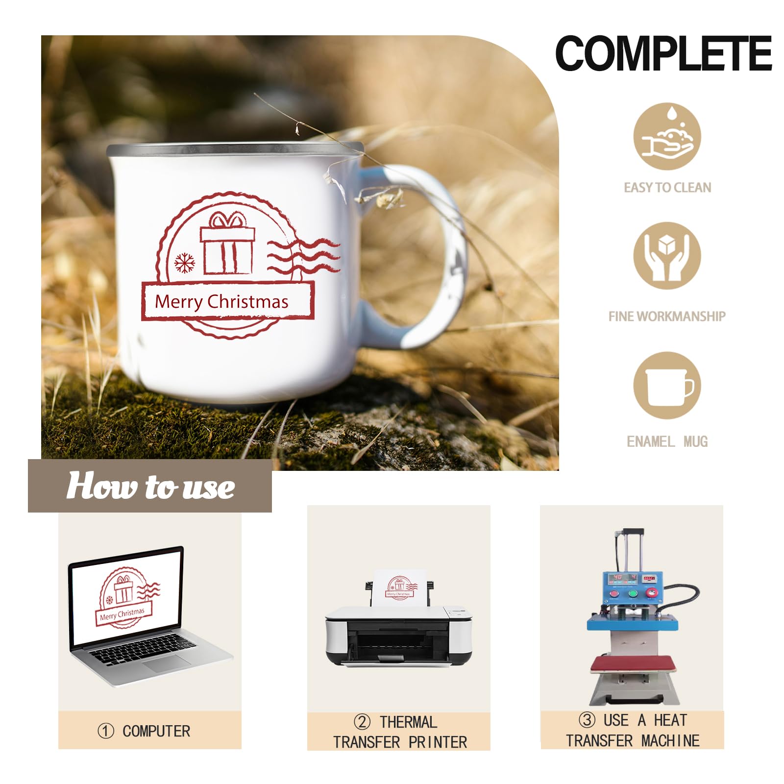 Taza esmaltada para sublimación, superficie lisa y colores vivos.