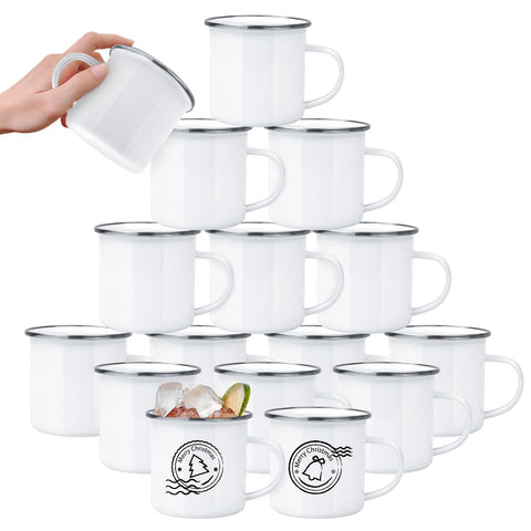 Taza esmaltada YOUKE OLA 12oz lista para sublimación con borde plateado.