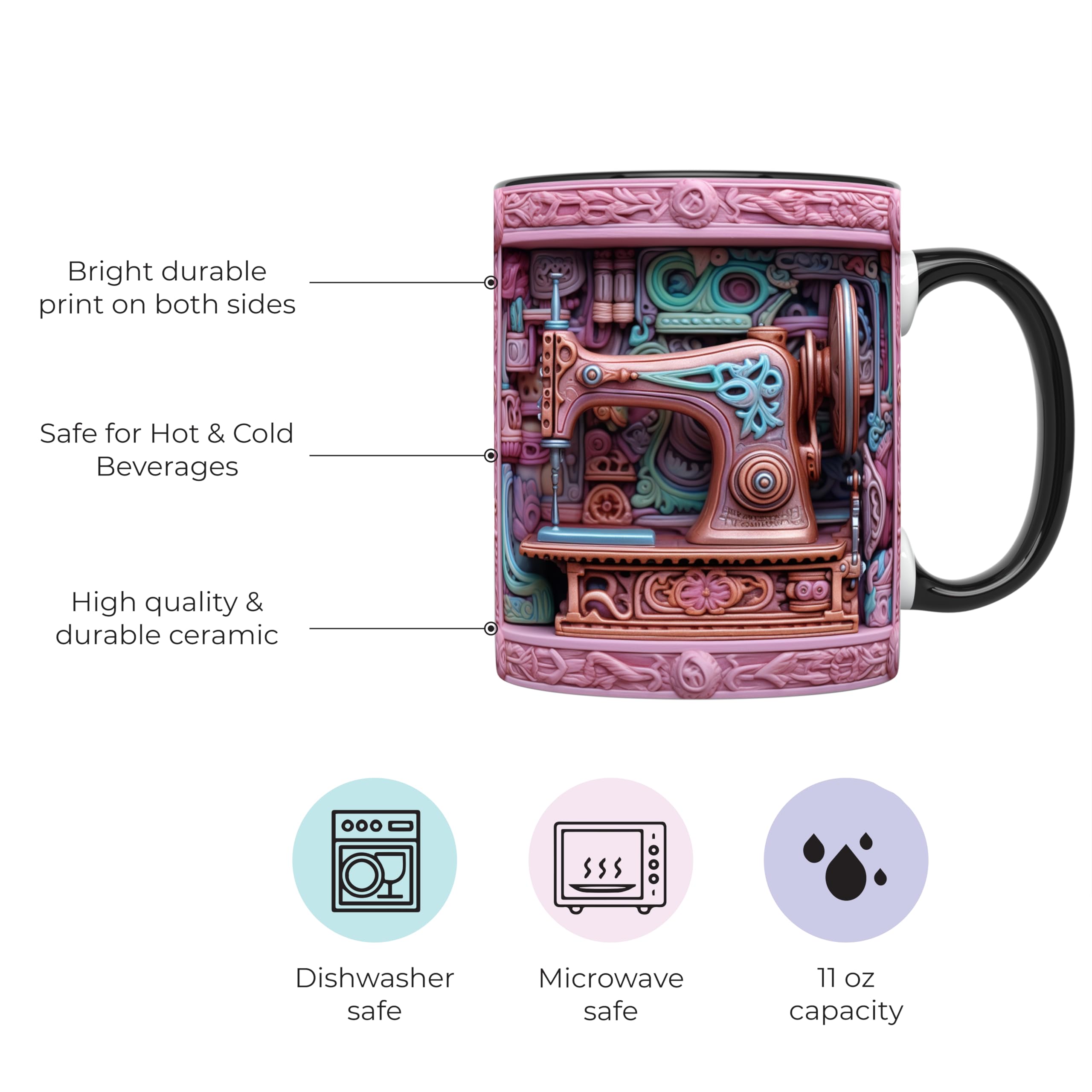 Frente de la taza con diseño de costura para inspirar proyectos.