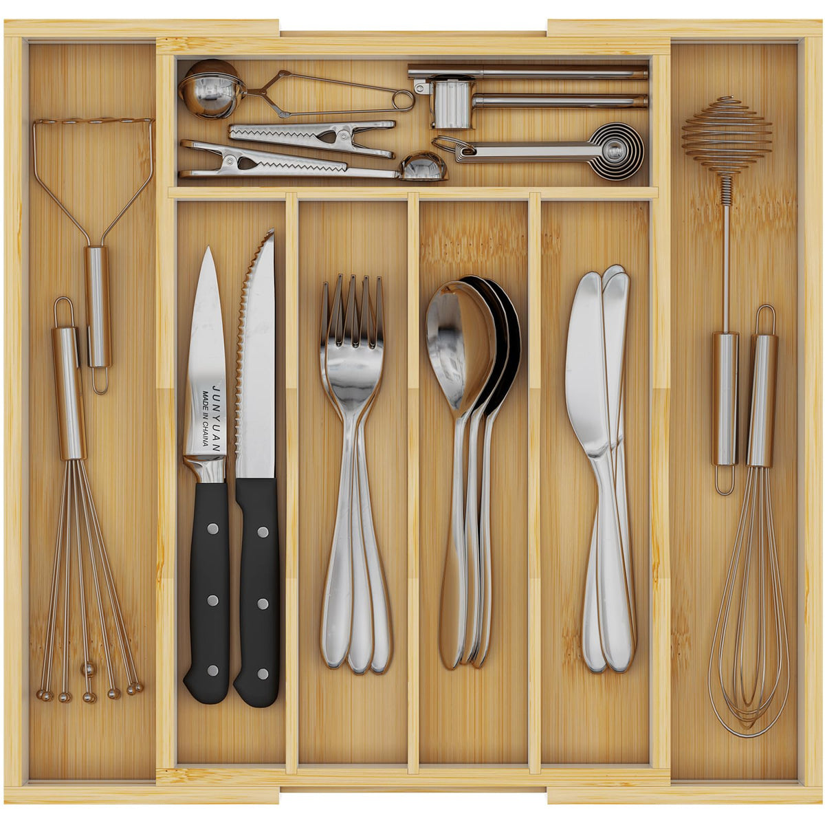 Youpehom organizador de bambú para cajón de cocina con 7 compartimentos.