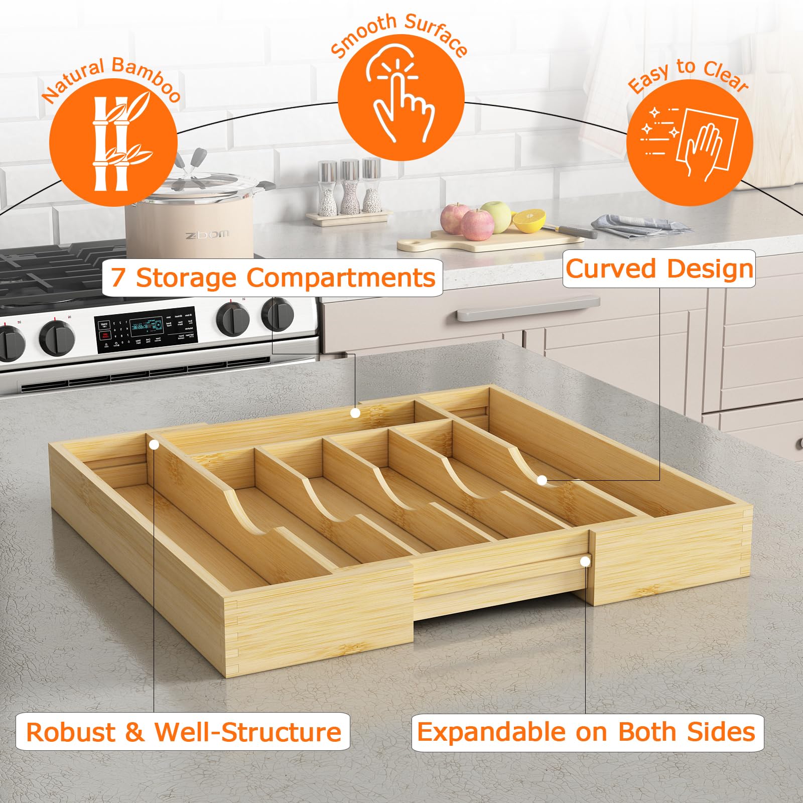 Dimensiones ajustables del organizador de bambú Youpehom para cajones.