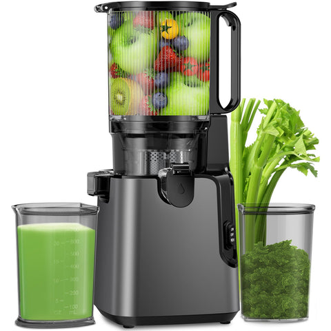 Licuadora extractora de jugos YPONE con boca amplia para verduras enteras, preparación rápida.