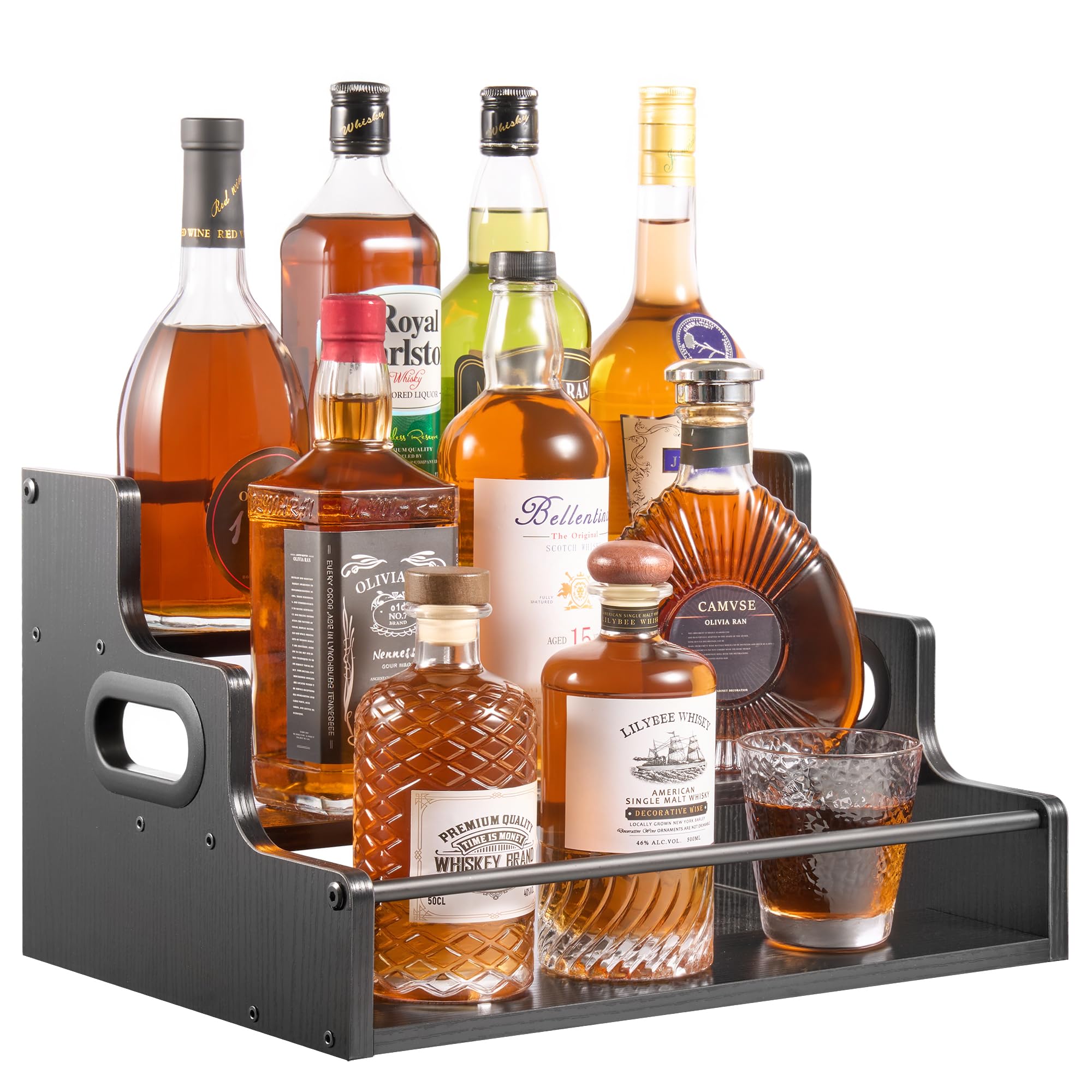 YQBRAO estante tres niveles para licor, exhibe botellas con estilo rústico.