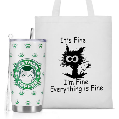 YtedRav Cat Mom Tumbler con gato verde, ideal para regalar y disfrutar bebidas.