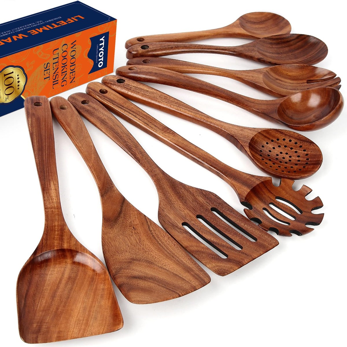 YTYOTO conjunto de utensilios de madera teca 9 piezas, ideal para cocinar sin rayar ollas.