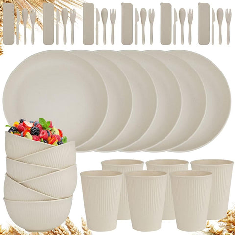 YUANYE vajilla 42 piezas para seis con platos llanos irrompibles y estilo natural