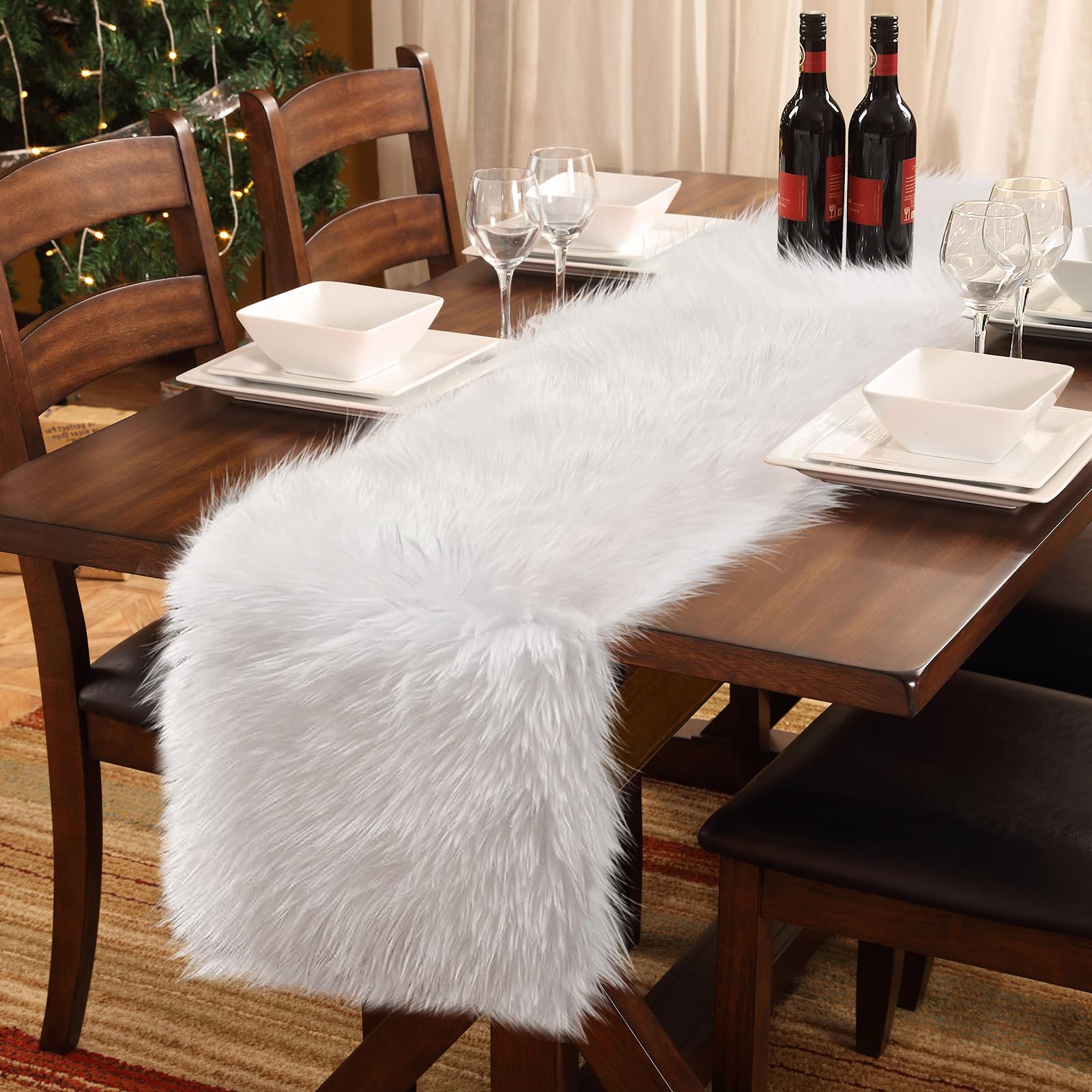 Yuboo corredor de mesa de pelo blanco, textura suave para decorar la mesa