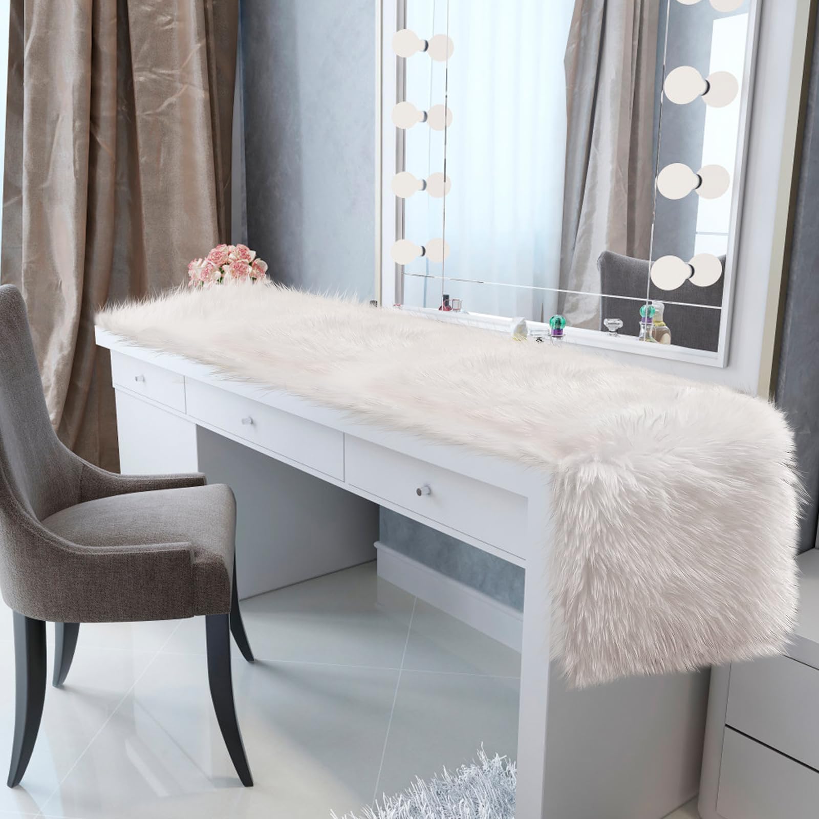 Yuboo corredor de mesa tocador, pelo blanco, para cubrir superficies y dar calidez