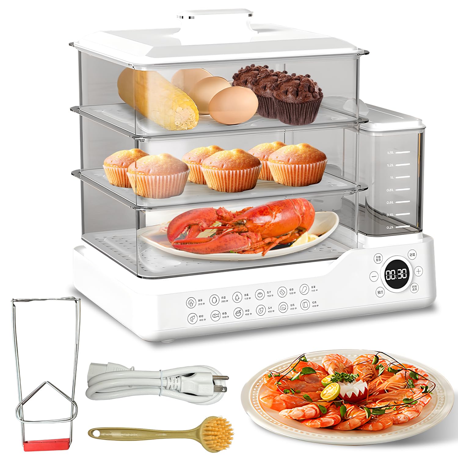 Vaporera eléctrica Yuidirtu 24L con tres niveles para cocinar varias comidas simultáneamente.