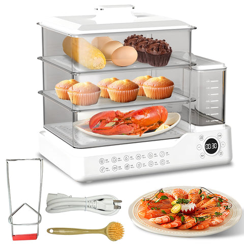 Vaporera eléctrica Yuidirtu 24L con tres niveles para cocinar varias comidas simultáneamente.