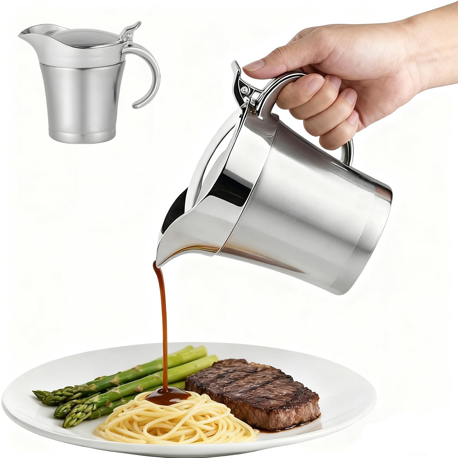 Jarra de salsa Yuixoseu con tapa plegable y acabado inoxidable para mesa elegante.
