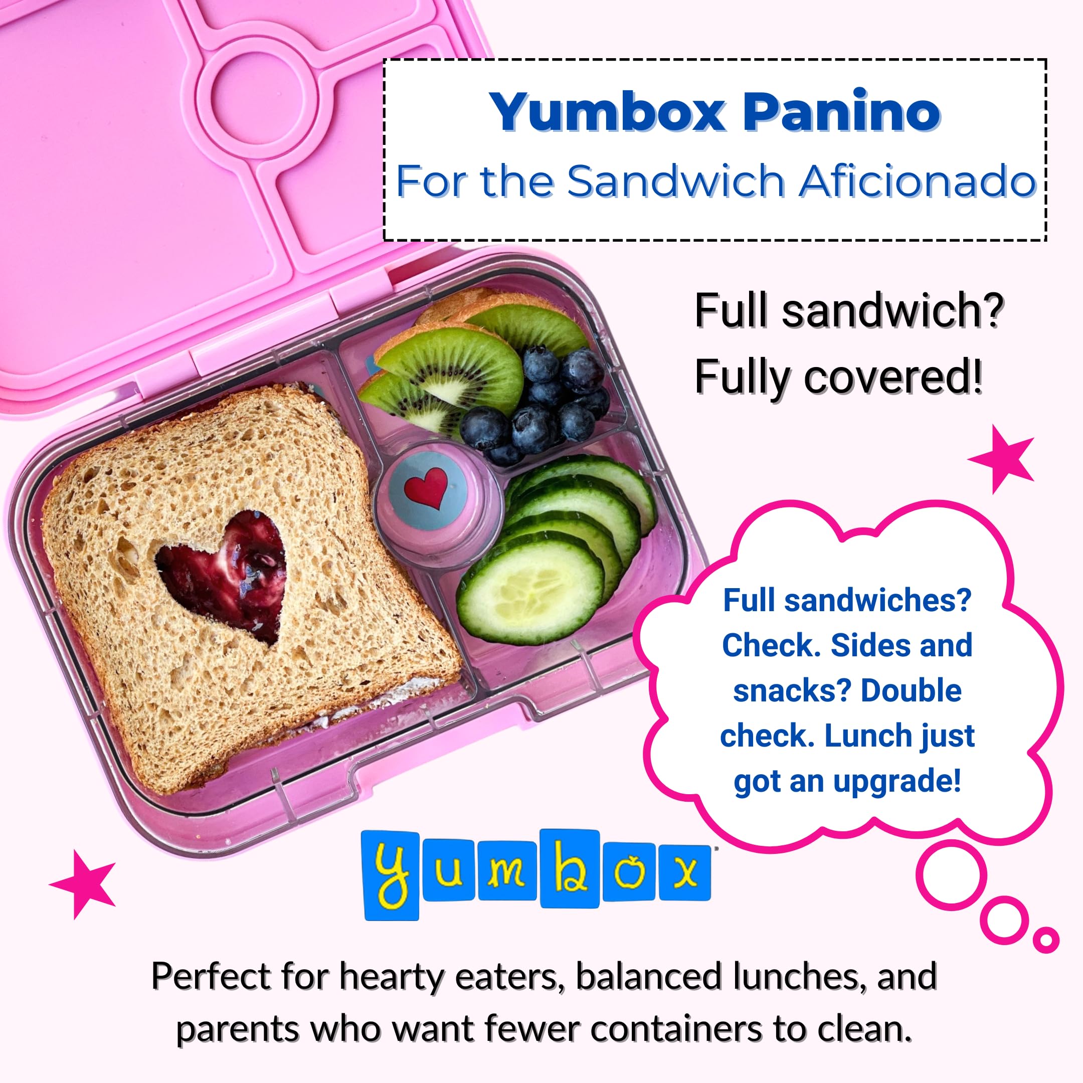 Yumbox Panino Lavanda Unicornio con cuatro compartimentos para porciones equilibradas.