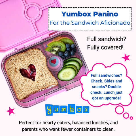 Yumbox Panino Lavanda Unicornio con cuatro compartimentos para porciones equilibradas.