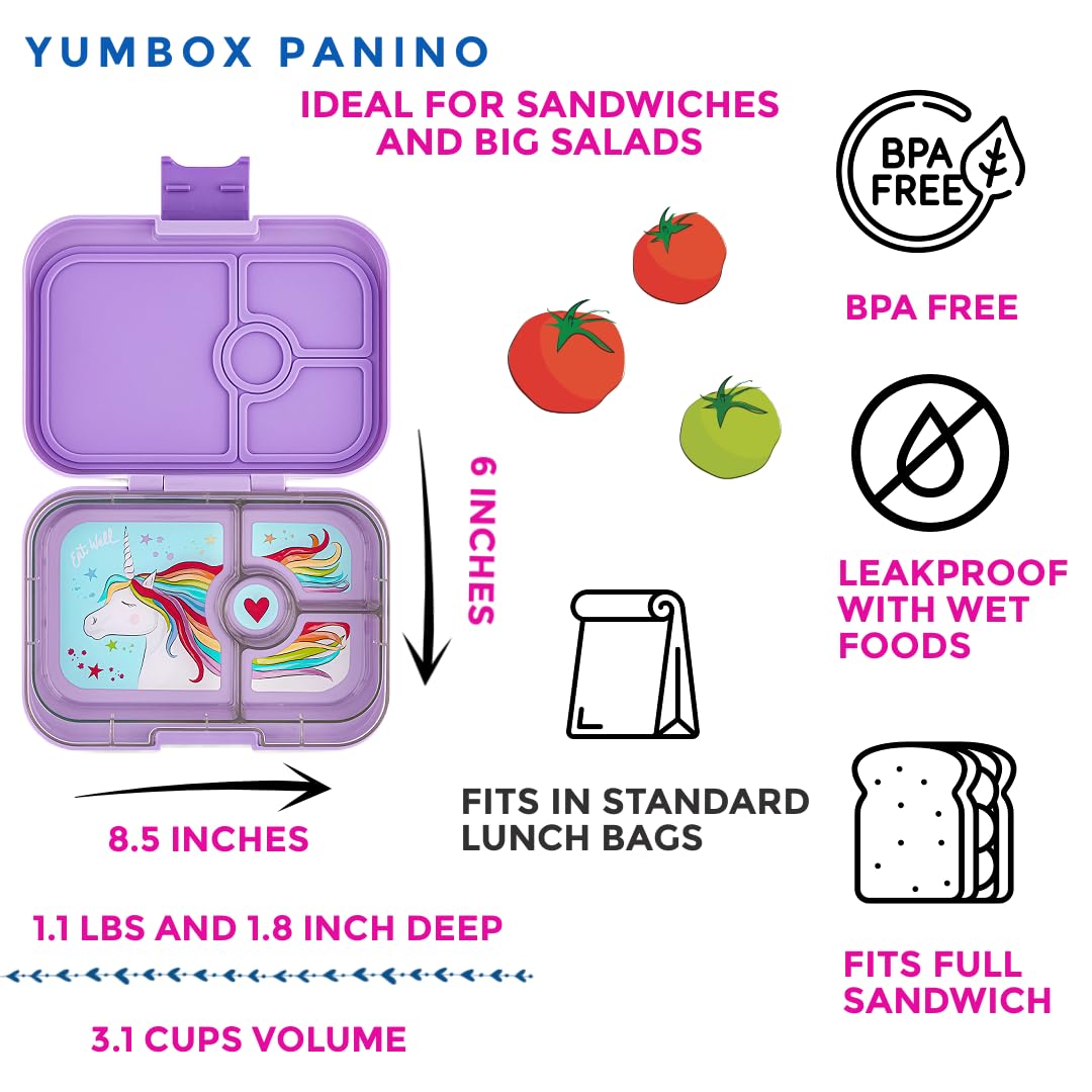 Yumbox Panino Lavanda Unicornio, tapa sellada; diseño hermético para salsas y dips.