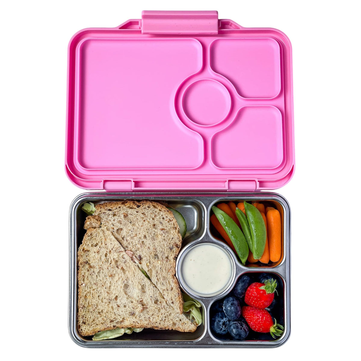 Yumbox Pret lonchera en acero inoxidable con 3 compartimentos para comidas ordenadas.