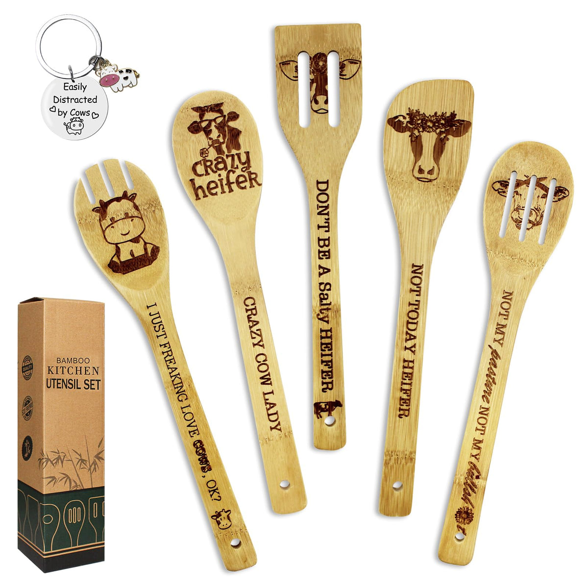 YUMOONI set-utensilios-bambu-vaca-llavero, regalo práctico para amantes de la cocina.