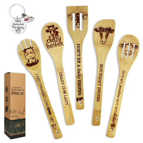YUMOONI set-utensilios-bambu-vaca-llavero, regalo práctico para amantes de la cocina.