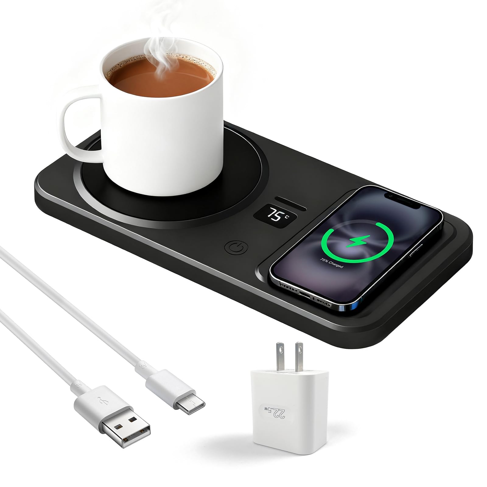 YumSur Taza Calentador Inalámbrico, vista frontal, mantiene tu café a temperatura ideal en la mesa.