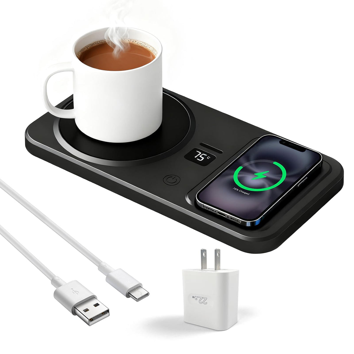 YumSur Taza Calentador Inalámbrico, vista frontal, mantiene tu café a temperatura ideal en la mesa.