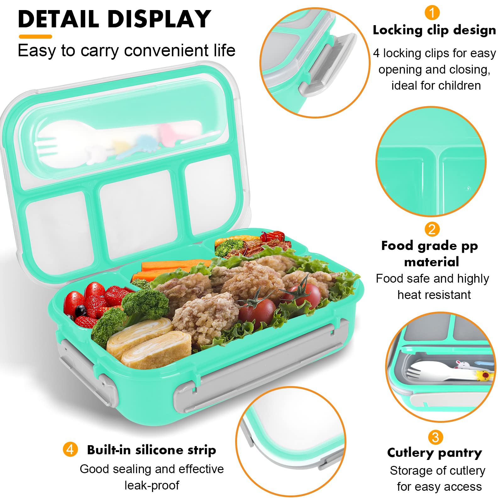 Yumuk Bento con tapas y clips para evitar derrames y mantener los alimentos frescos.