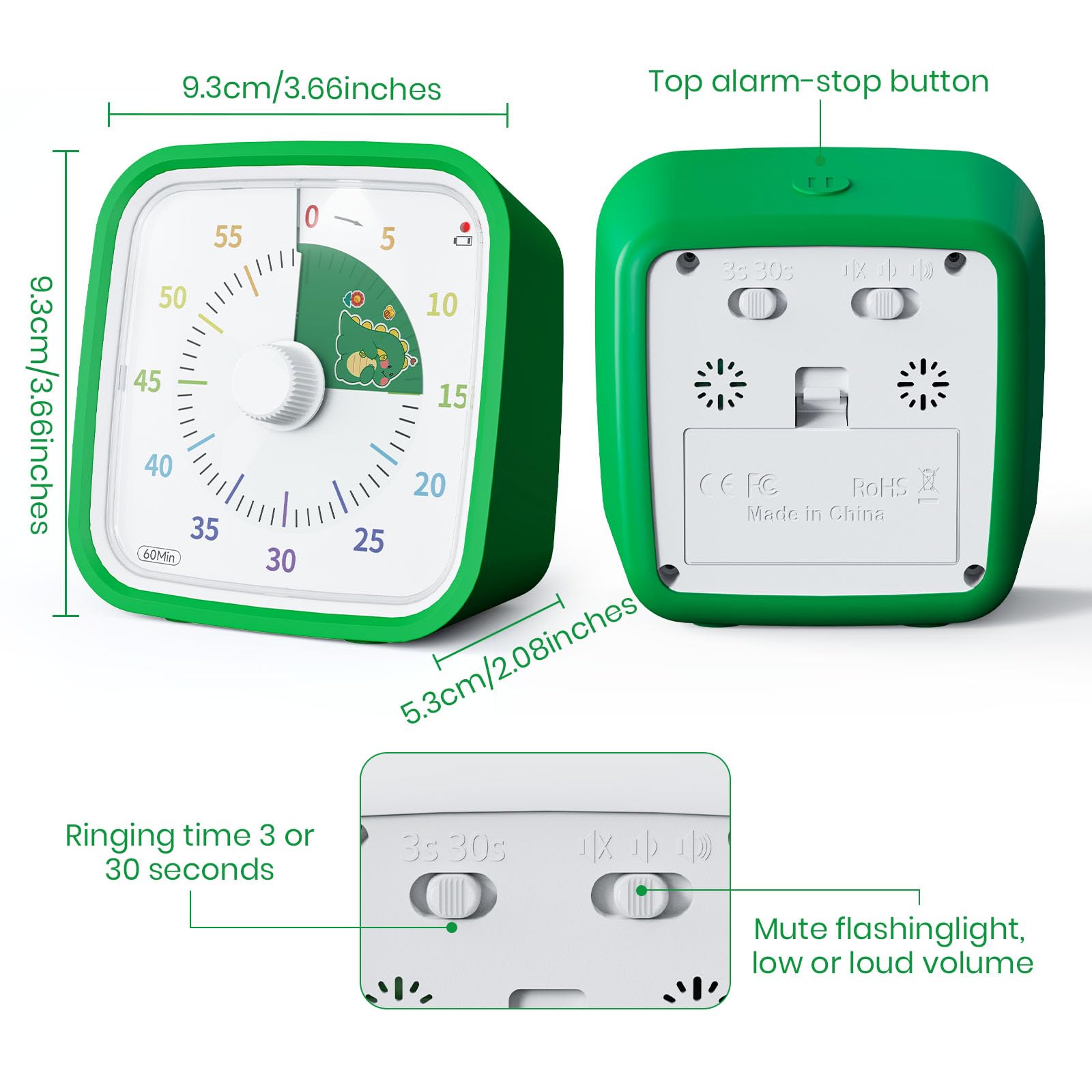 Yunbaoit alarma silenciosa verde, volumen ajustable para entornos tranquilos