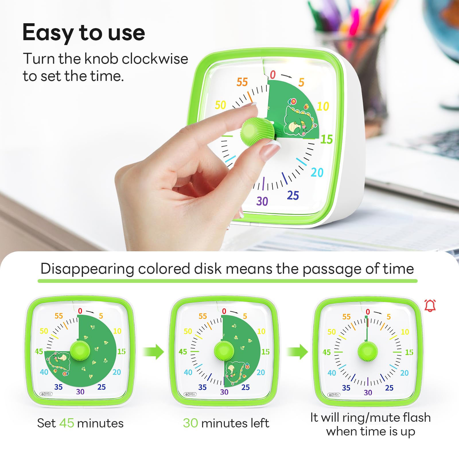 Temporizador visual Yunbaoit para adultos favorece la concentración en estudio.