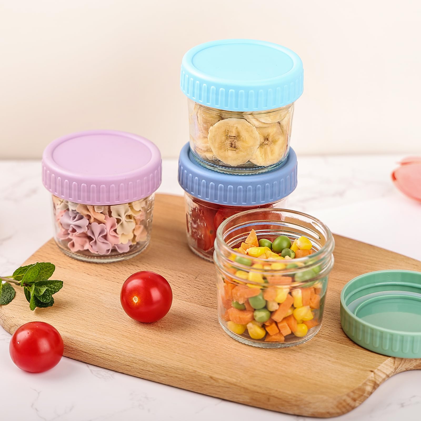 Frascos apilables YUNCANG de 4 oz para almacenamiento compacto y ordenado.