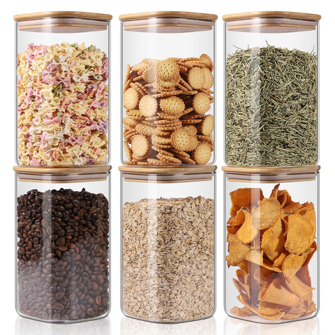 Jarras de vidrio YUNCANG con tapas de bambú, seis piezas, para almacenar dulces y cereales.