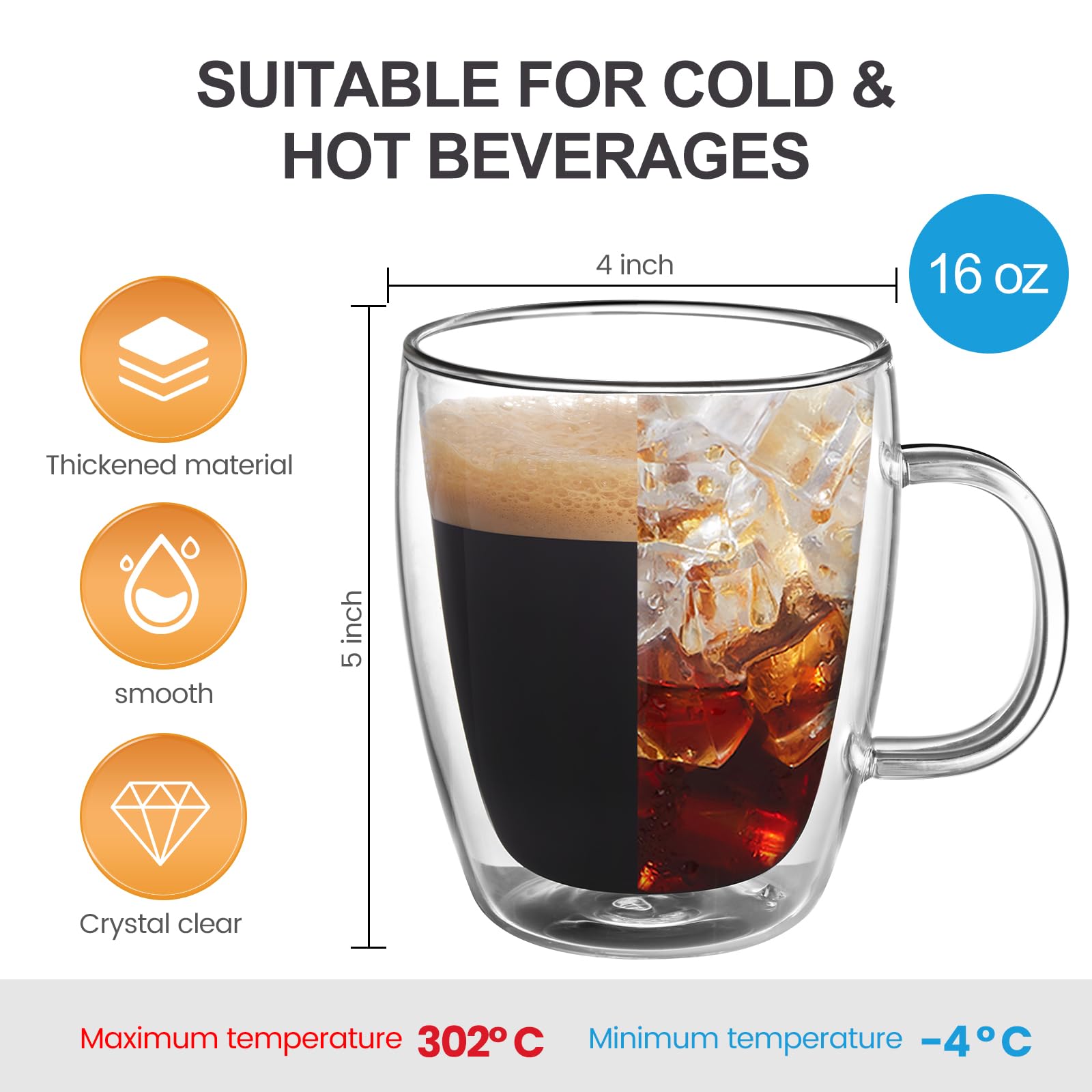Taza YUNCANG de vidrio claro con anti-condensación para bebidas frías y calientes.