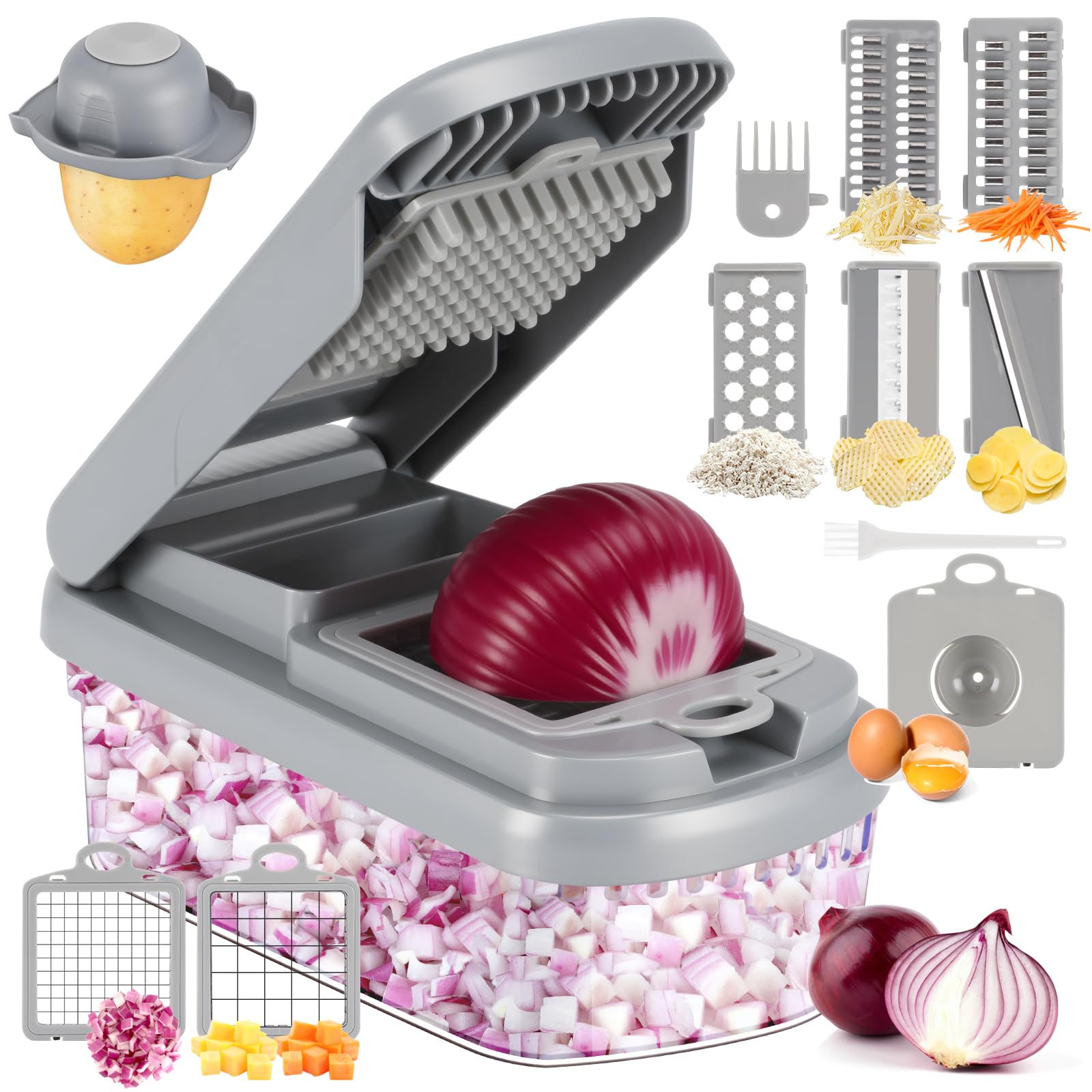 El cortador Yusshn 12 en 1 ofrece cuchillas afiladas para picar verduras y queso con precisión.