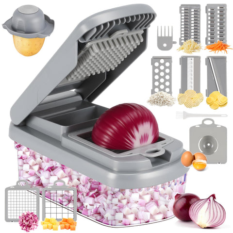 El cortador Yusshn 12 en 1 ofrece cuchillas afiladas para picar verduras y queso con precisión.