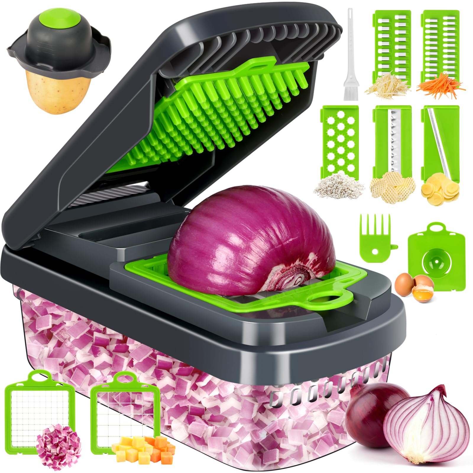 Cortador Yusshn 12-en-1 en uso para picar verduras con precisión