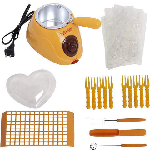 Conjunto fundidor de chocolate YUSUKEGU en amarillo listo para derretir y mantener caliente.