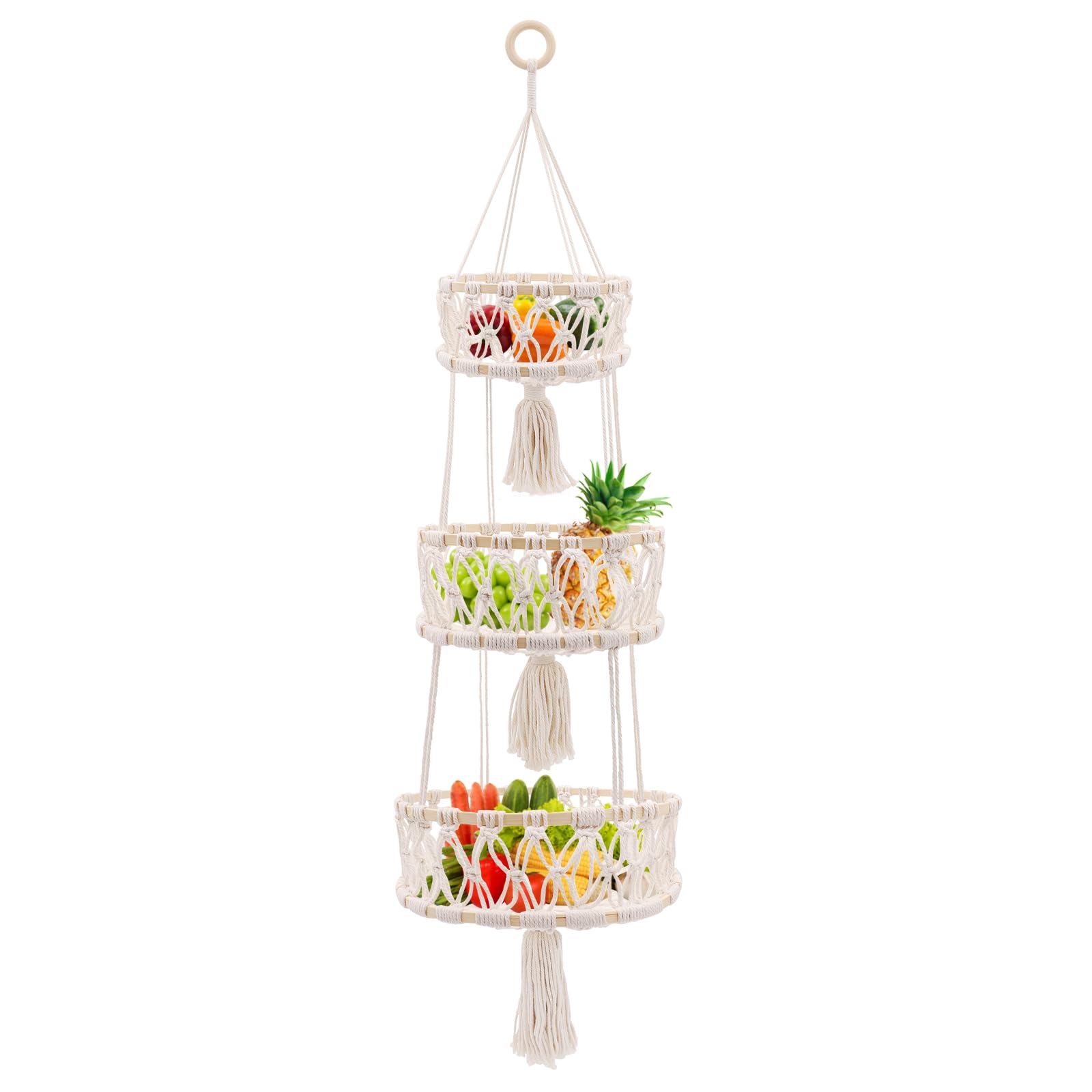yuuzue canasta triple macramé para frutas, ideal para ahorrar espacio en la cocina