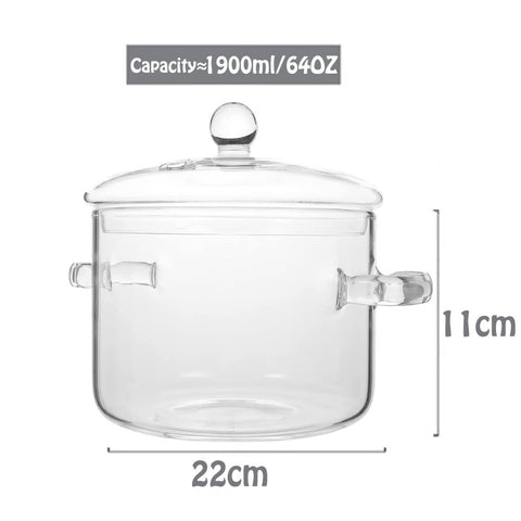 Olla de vidrio yvsay con tapa 1900 ml, vista lateral para controlar la cocción