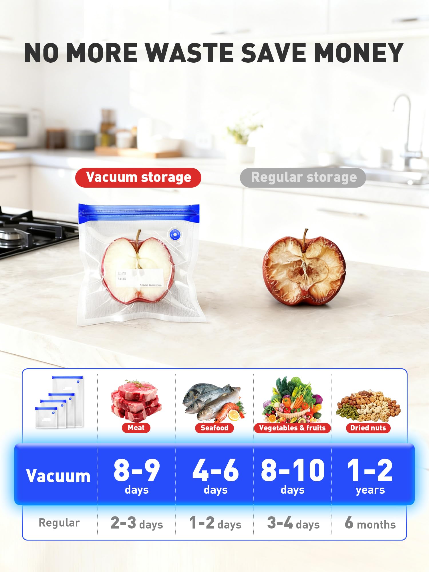 Sacos ZABINS tamaño L para comidas grandes y almacenamiento conveniente.