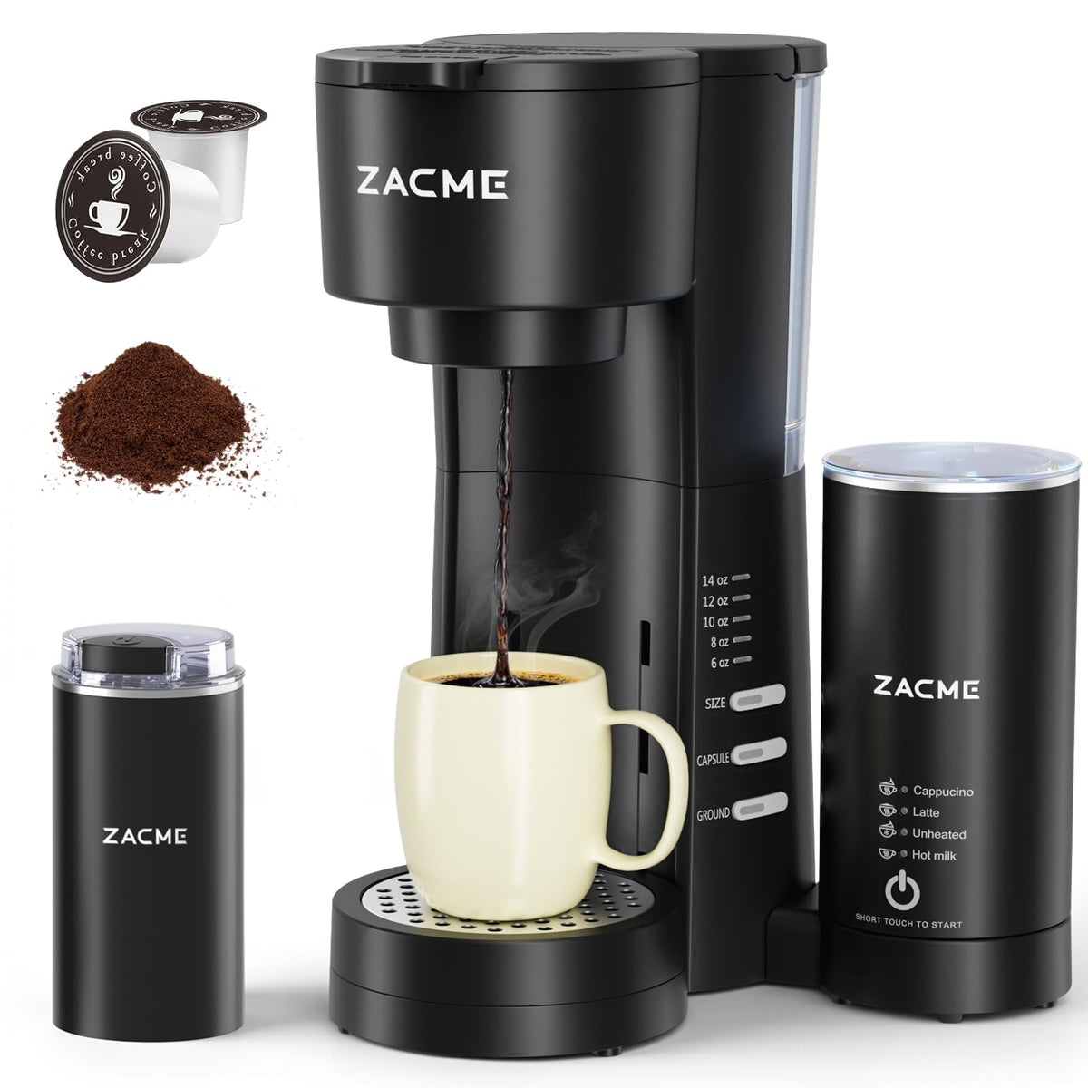 ZACME 4EN1 cafetera una-taza: preparación rápida y aroma intenso.