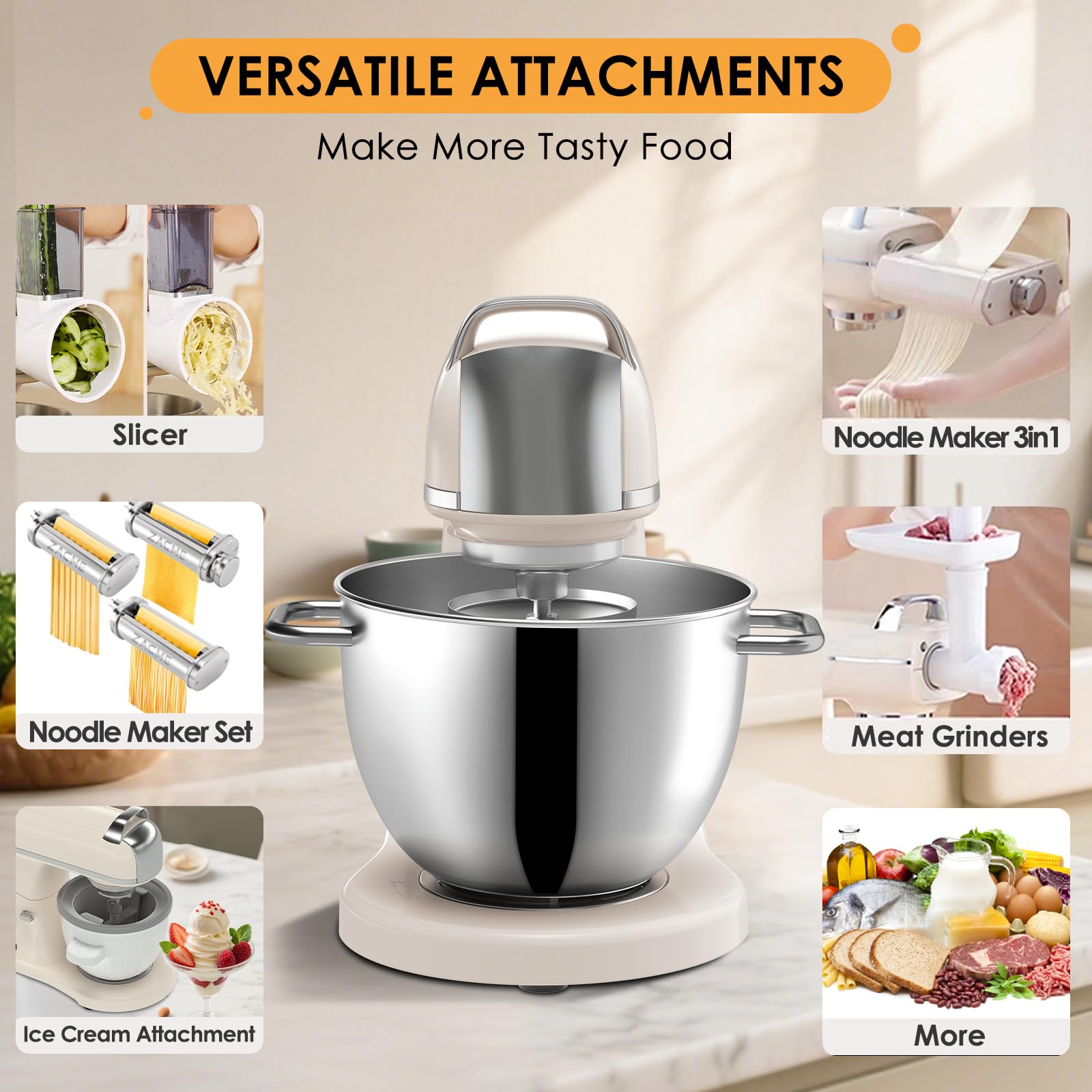 Diseño tilt-head de Zacme facilita cambios de accesorios y retirar el tazón.