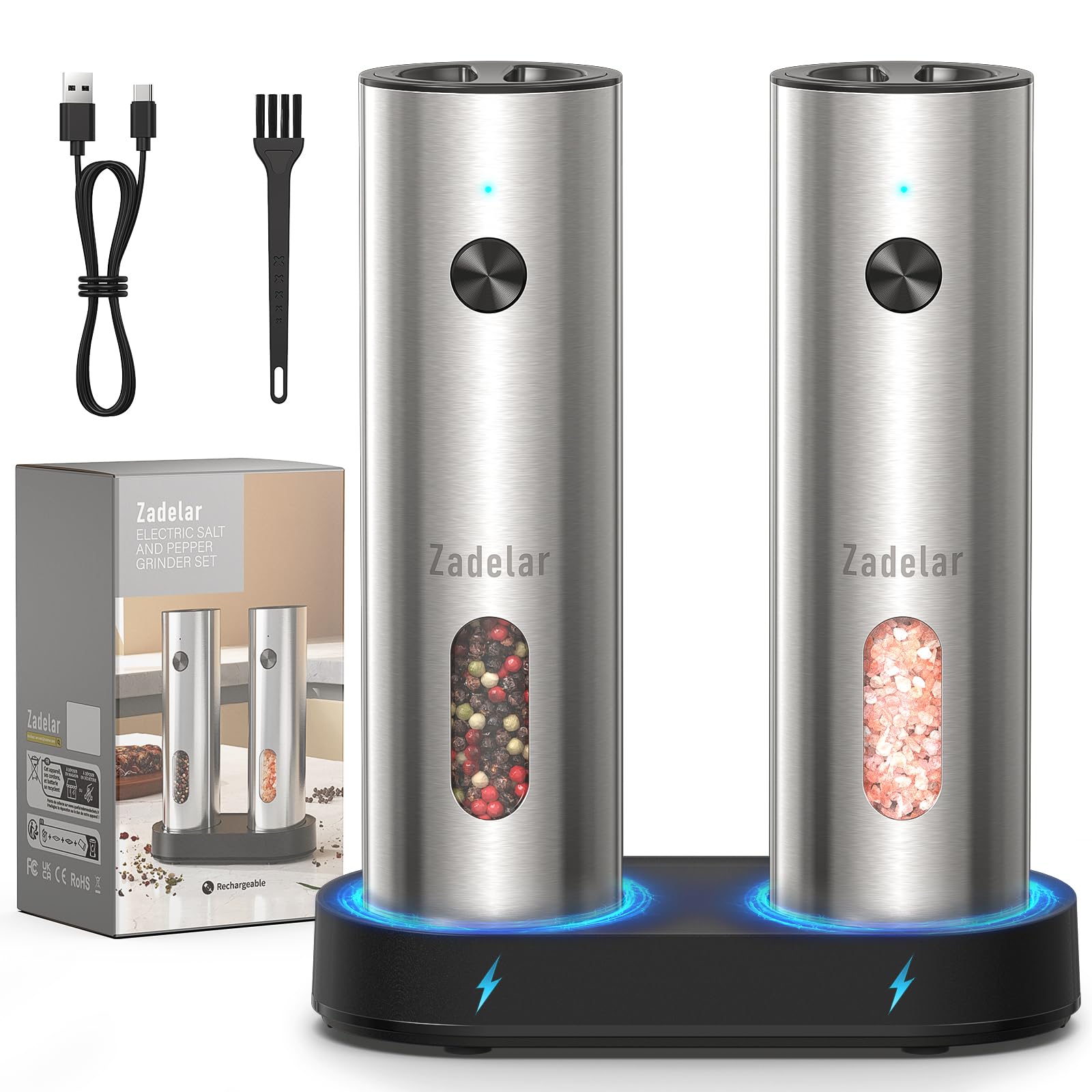 Zadelar, contenido del paquete: molinillos, cable USB-C y manual.